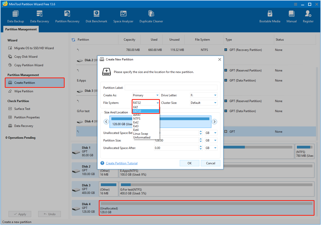 MiniTool Partition Wizard interface showing the partition creation window, with the FAT32 file system highlighted.