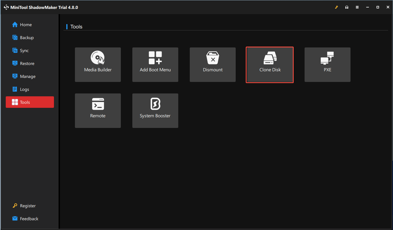 The Tools tab in MiniTool ShadowMaker with the selected Clone Disk feature.