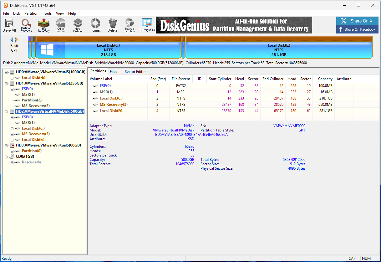 The main interface of DiskGenius Free.
