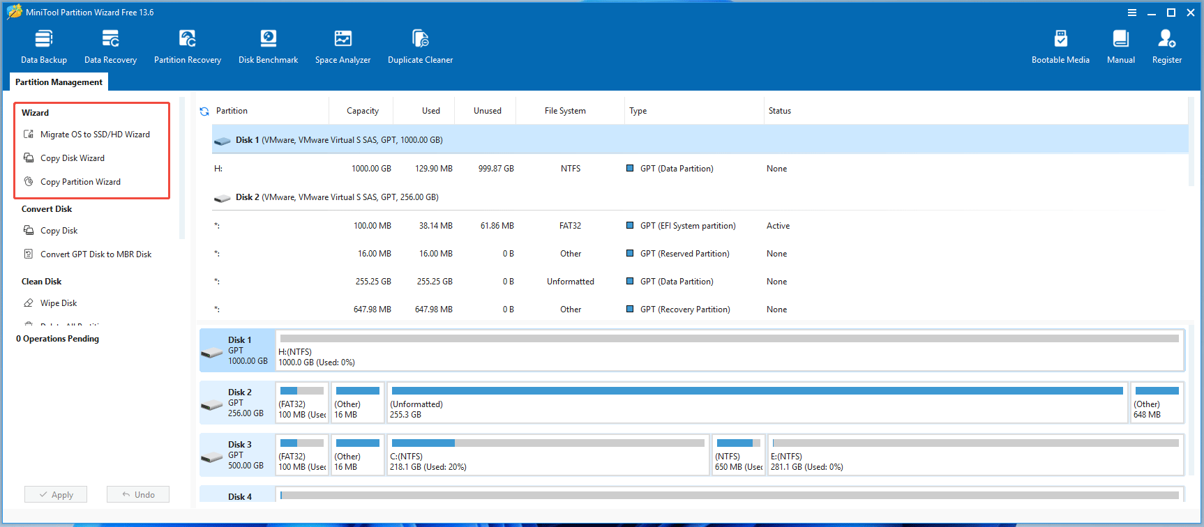 The MiniTool Partition Wizard Free Edition window with the selected Wizard for system cloning and migration.