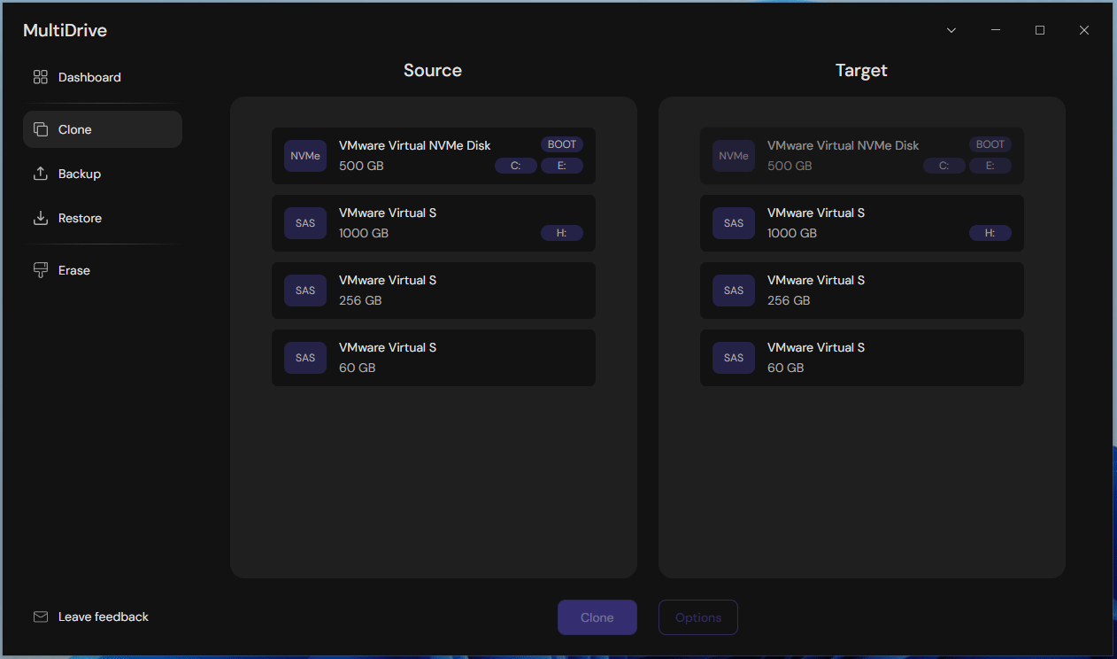 The Clone tab in MultiDrive showing two sections including Source and Target.