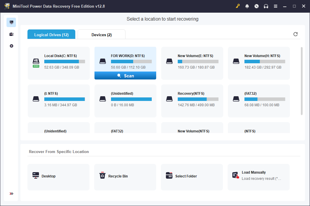The user interface of MiniTool Power Data Recovery with a list of partitions.