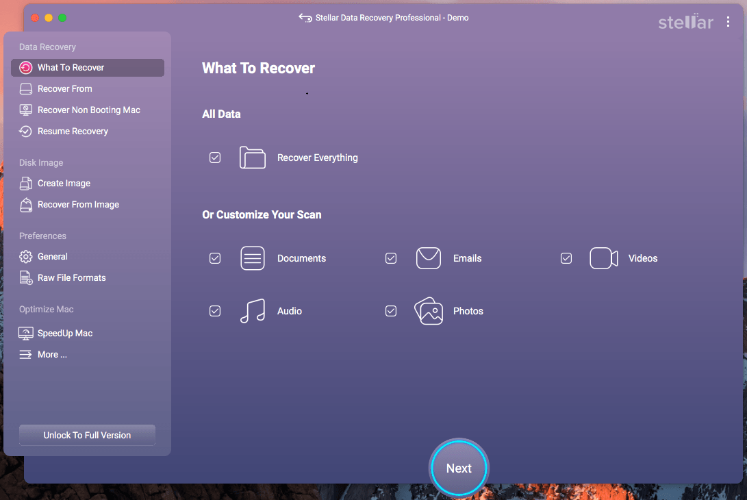 The main interface of Stellar Data Recovery for Mac showing all file types to scan and recover.