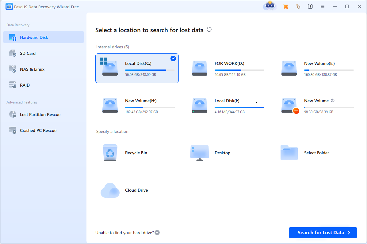 The main interface of EaseUS Data Recovery Wizard.