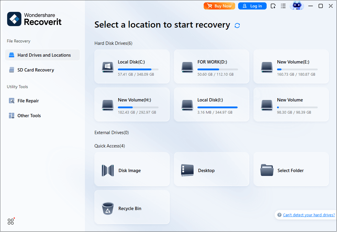 The main interface of Wondershare Recoverit showing all hard disk drives.