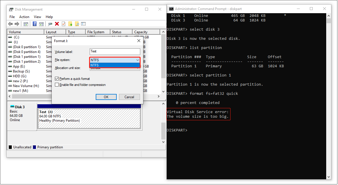 Disk Management and DiskPart interfaces showing the inability to format a 64GB drive to FAT32.