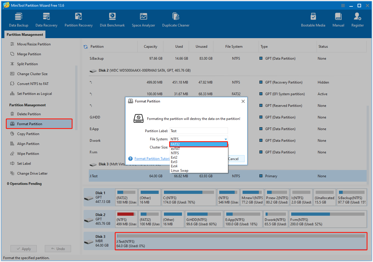 MiniTool Partition Wizard interface with the Format Partition option highlighted, showing a file system selection window.