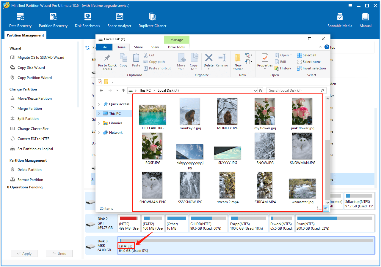 MiniTool Partition Wizard interface showing successful conversion to FAT32, with files intact and displayed in File Explorer.