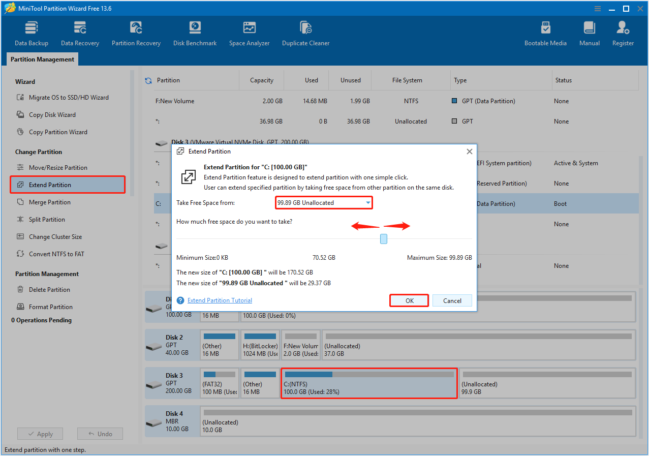 MiniTool Partition Wizard interface with the Extend Partition option selected, showing the space allocation window.