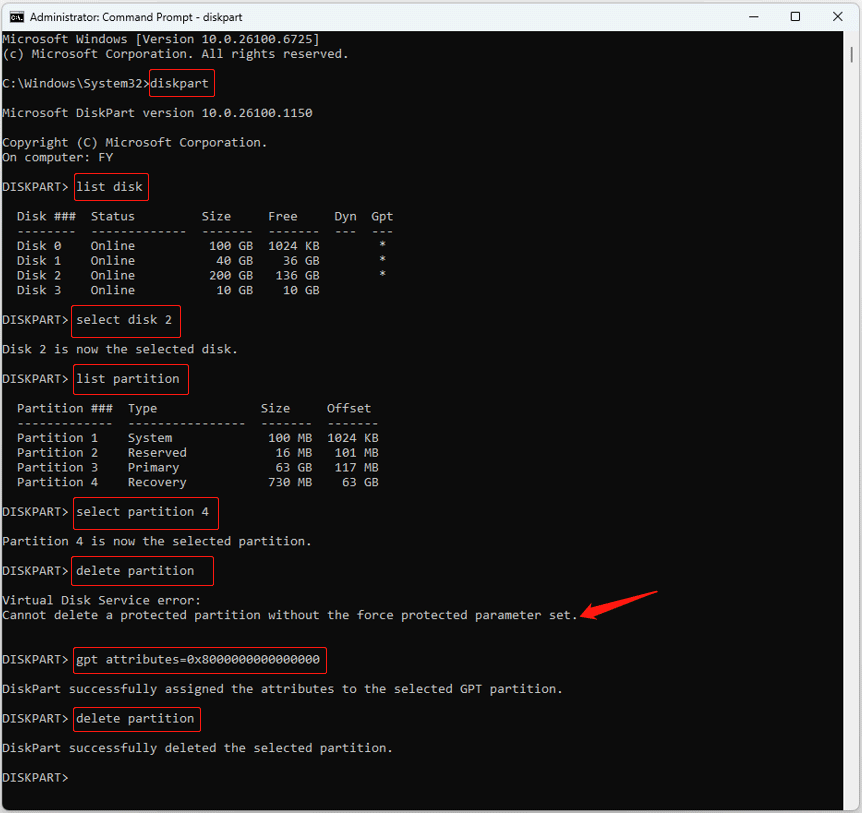 Command Prompt window showing the DiskPart commands to delete the recovery partition.