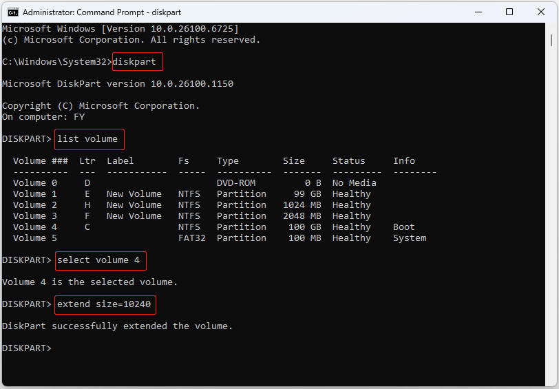 Command Prompt interface showing the DiskPart commands to extend the C drive.