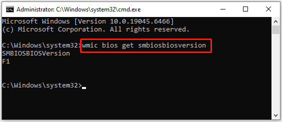 The interface of Command Prompt with selected command wmic bios get smbiosbiosversion.
