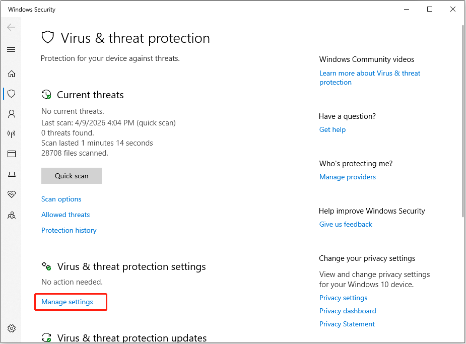 The Virus and threat protection page of Windows Security with selected Manage settings.