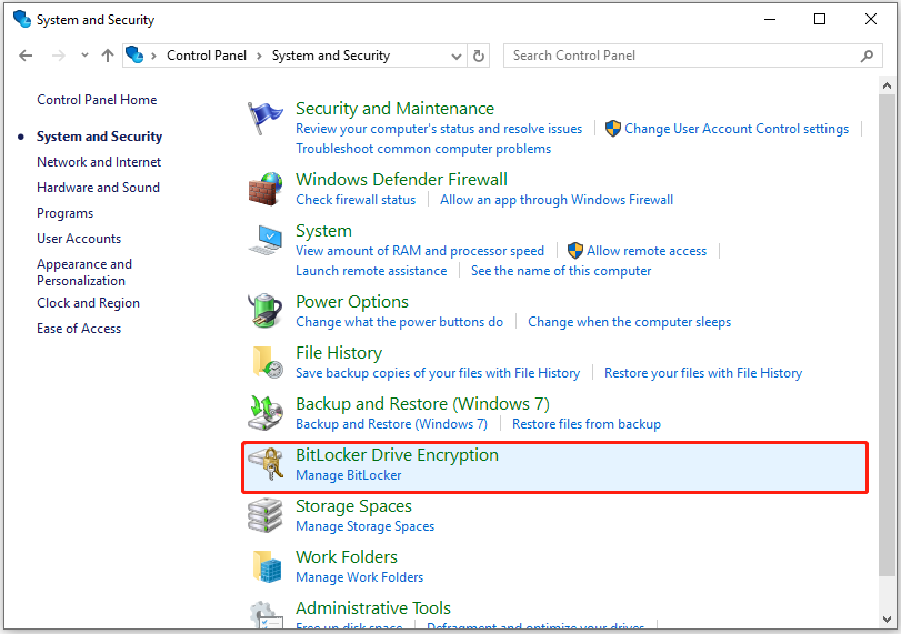 The interface of Control Panel with selected BitLocker Drive Encryption.