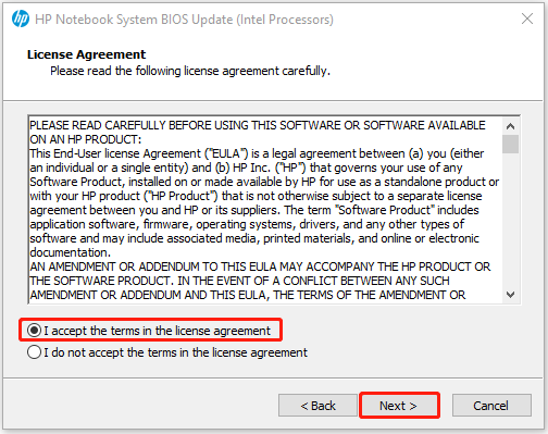 The interface of HP Notebook System BIOS Update with the selected I accept the terms in the license agreement option and Next.