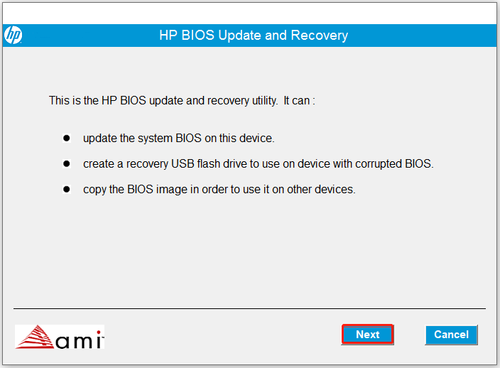 The interface of HP BIOS Update and Recovery with selected Next.