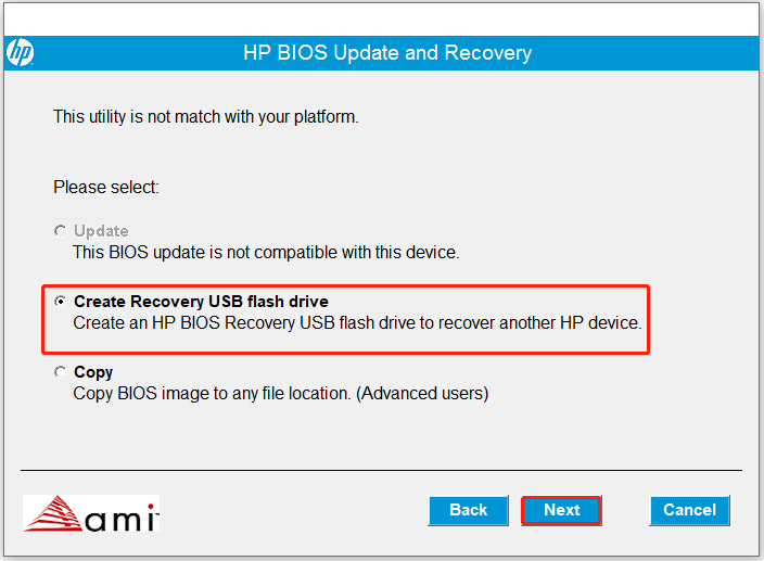 The interface of HP BIOS Update and Recovery with selected Create Recovery USB flash drive and Next.
