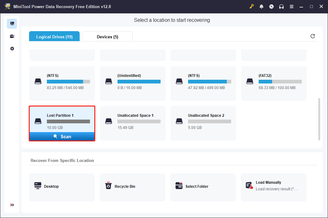 MiniTool Power Data Recovery interface with the Lost Partition and the Scan option highlighted.