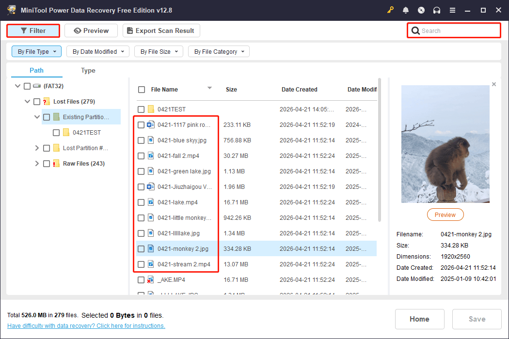 MiniTool Power Data Recovery scan results interface with the Filter and Search features highlighted.