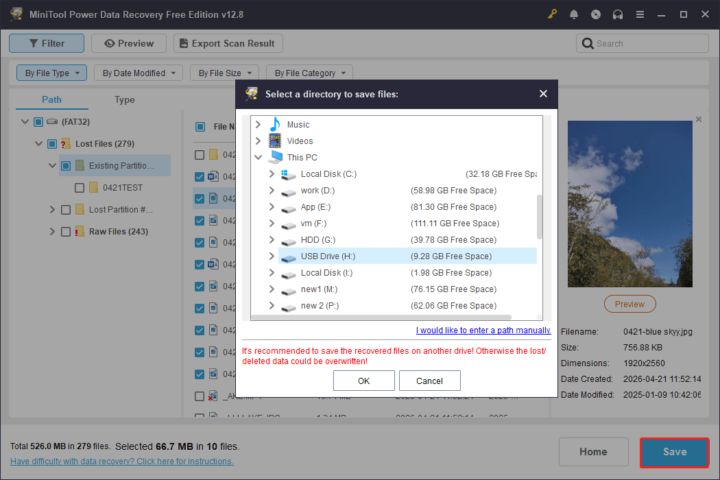 MiniTool Power Data Recovery interface with the Save button selected.