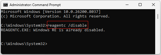 Command Prompt window showing the command to disable WinRE.