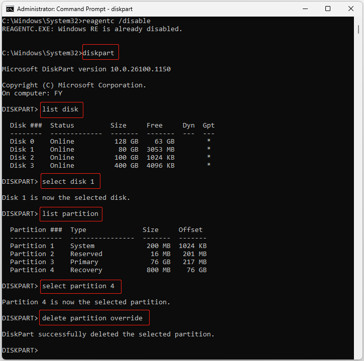Command Prompt window showing the commands to delete the recovery partition.