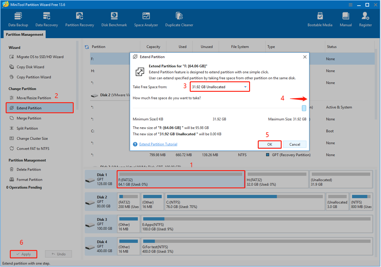 The Extend Partition interface in MiniTool Partition Wizard showing the take free space options.