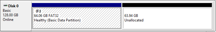 Disk Management interface showing an existing partition and unallocated space.