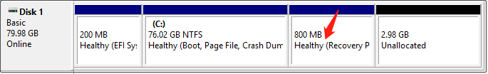 Disk Management interface showing the location of the recovery partition on the disk.