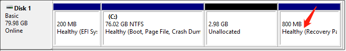 Disk Management showing the location of the recovery partition.
