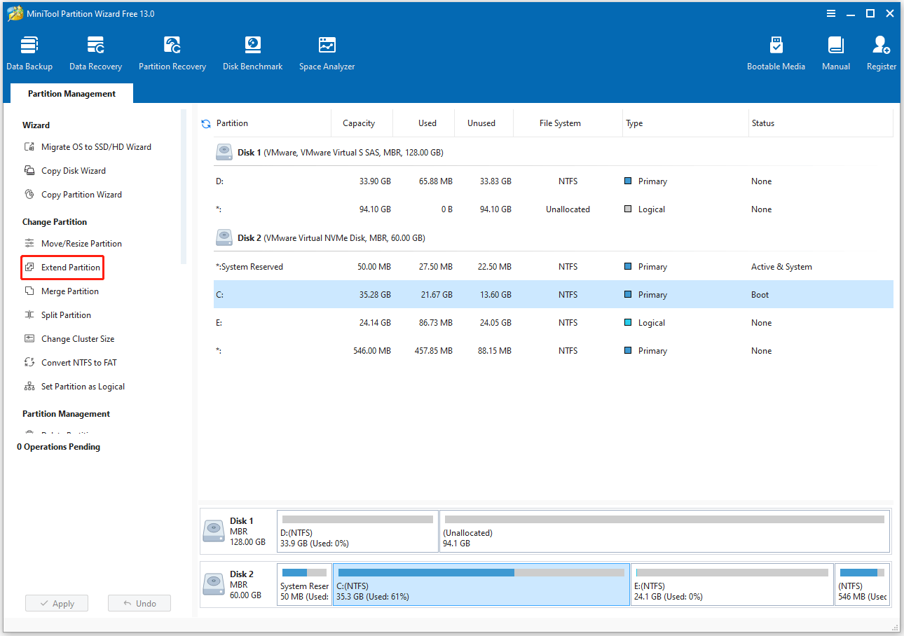 Seleccione la función Extender partición en MiniTool Partition Wizard.