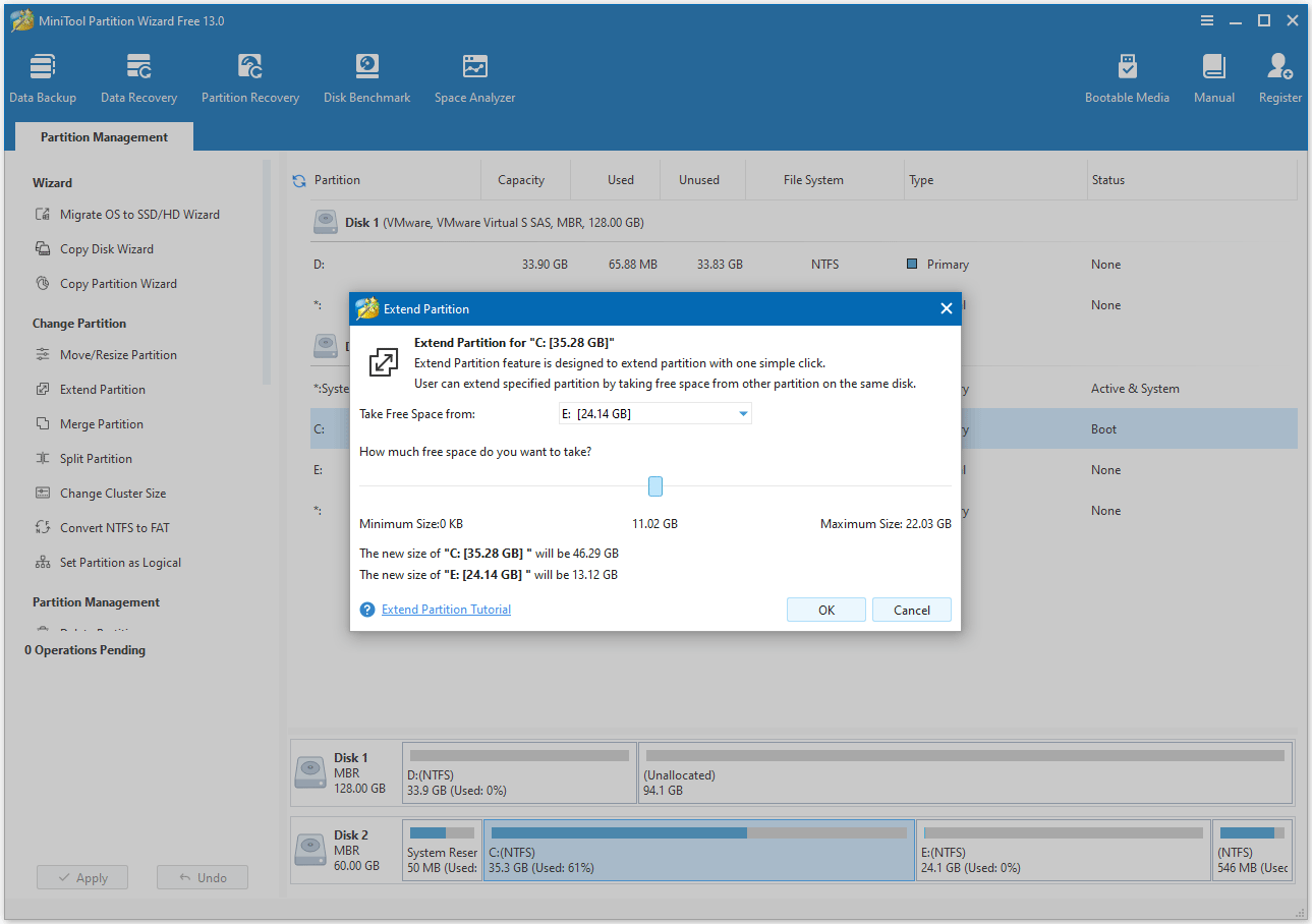 Seleccione dónde tomar espacio en MiniTool Partition Wizard.