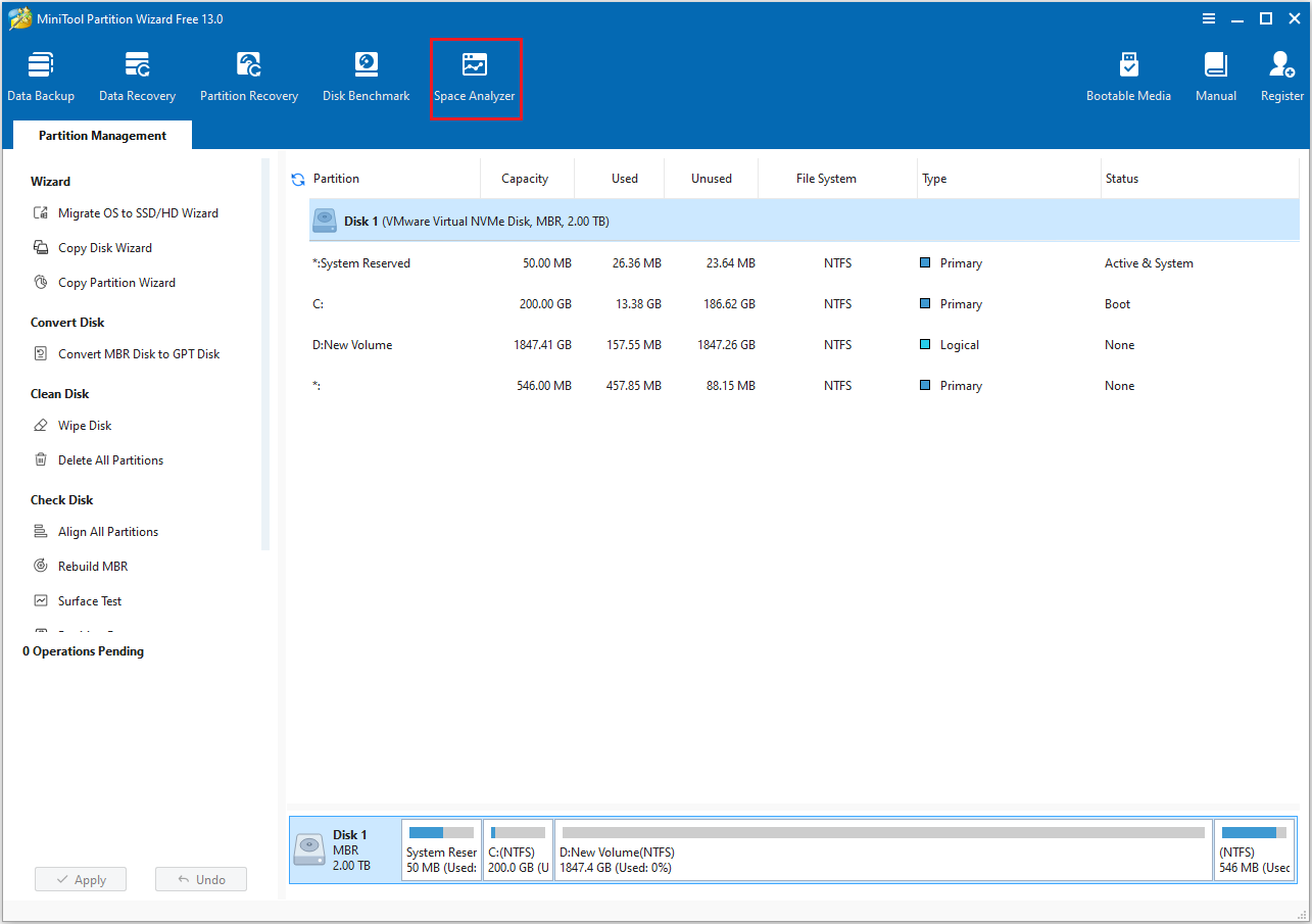 Haz clic en Space Analyzer en MiniTool Partition Wizard.