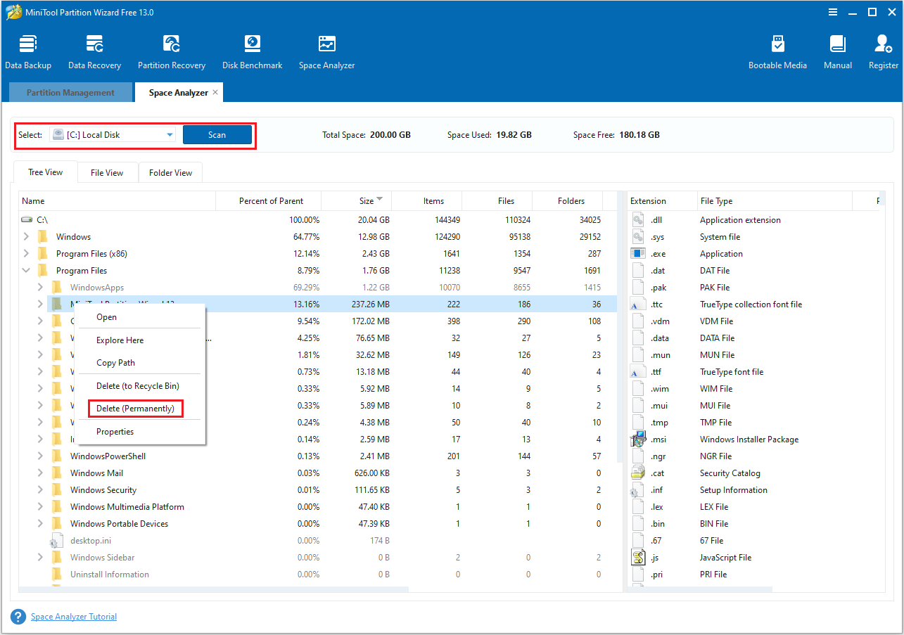 Eliminar archivos no utilizados en MiniTool Partition Wizard
