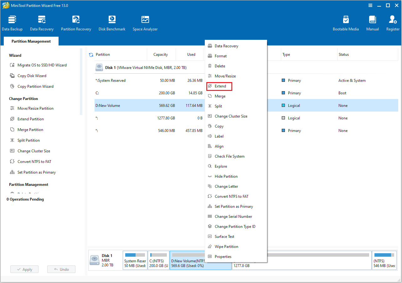 Haz clic en Extender en MiniTool Partition Wizard.
