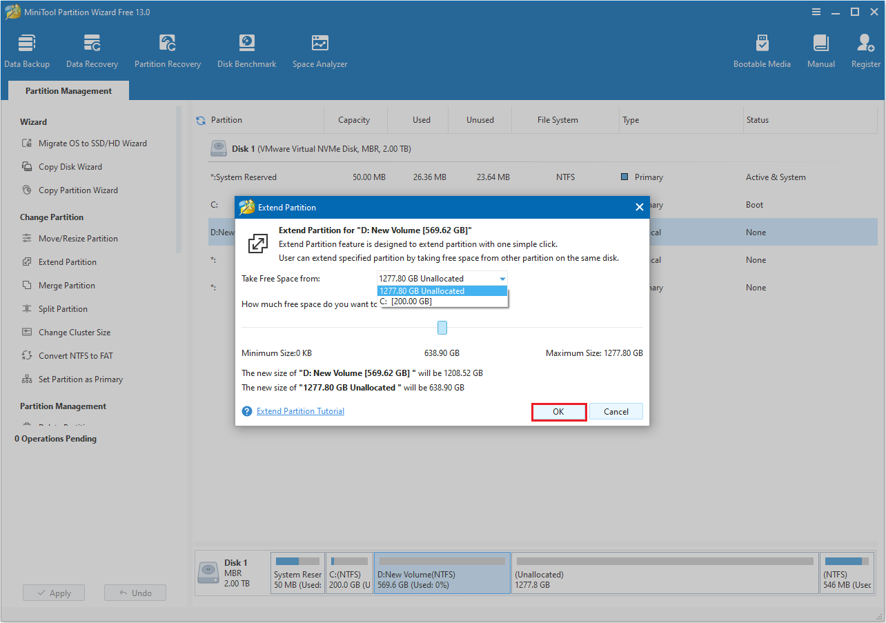 Seleccione una partición para extender en MiniTool Partition Wizard.
