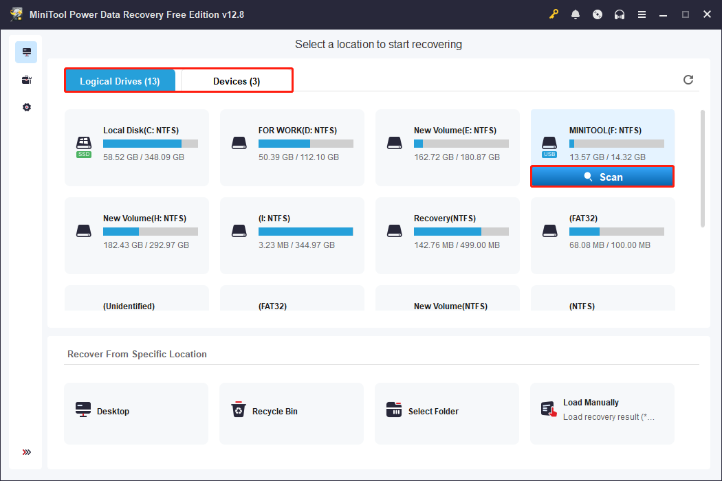 MiniTool Power Data Recovery interface showing all partitions with the SD card selected and the Scan icon highlighted.