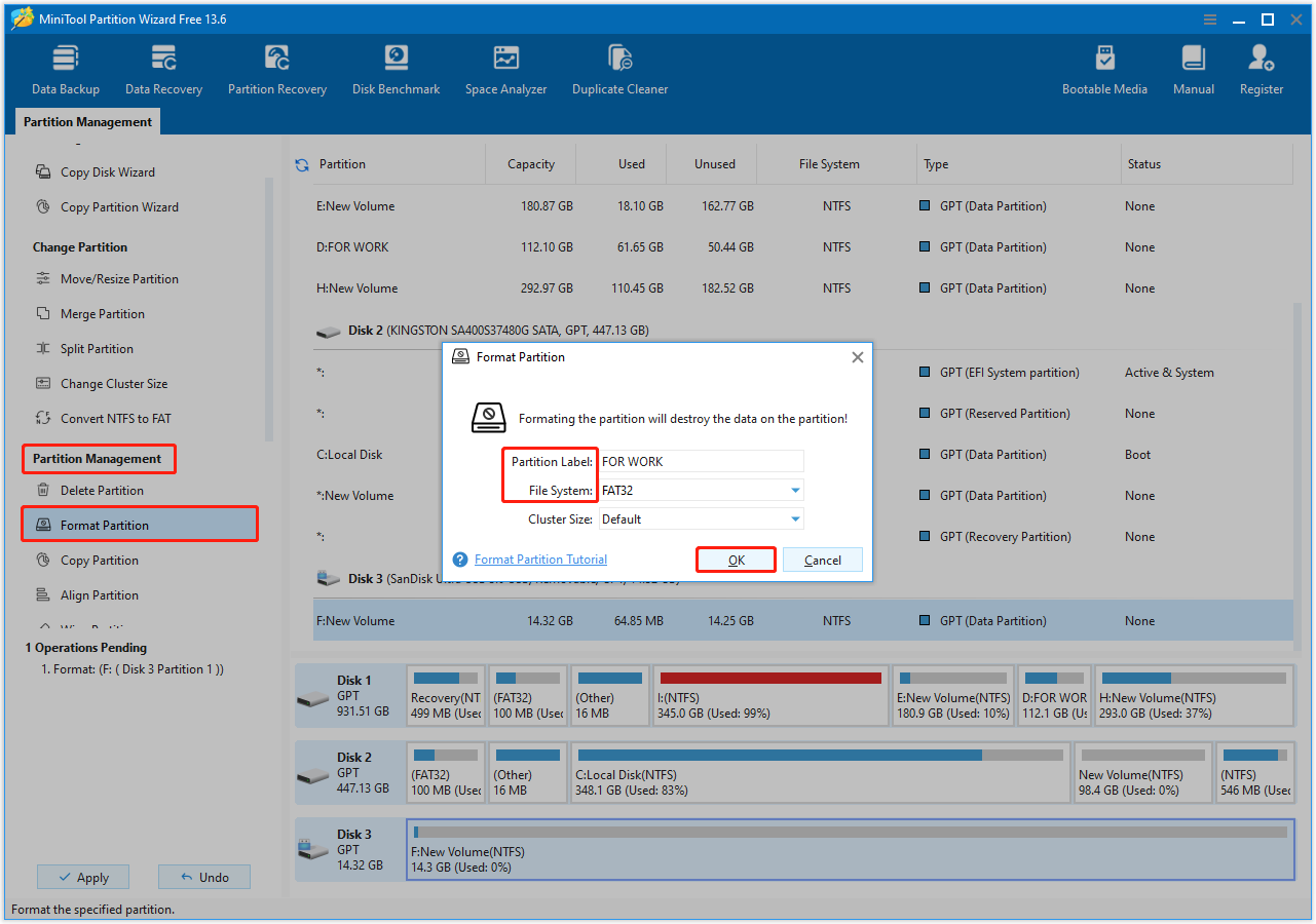 MiniTool Partition Wizard interface with Format Partition selected to set partition label and file system to format the disk.