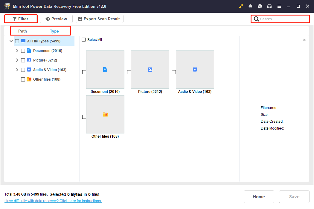 MiniTool Power Data Recovery scan results page showing Path, Type, Filter, and Search to locate the target files.