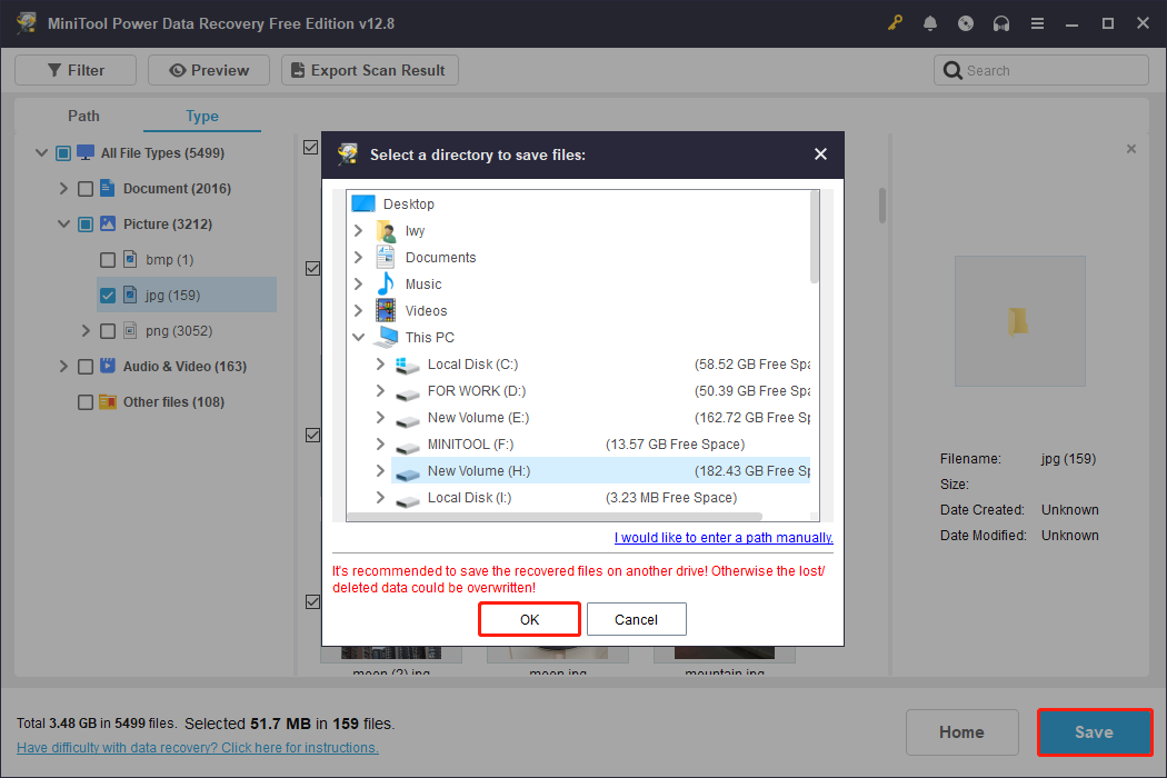 MiniTool Power Data Recovery interface with the Save button selected, showing a list of paths for the recovered files.