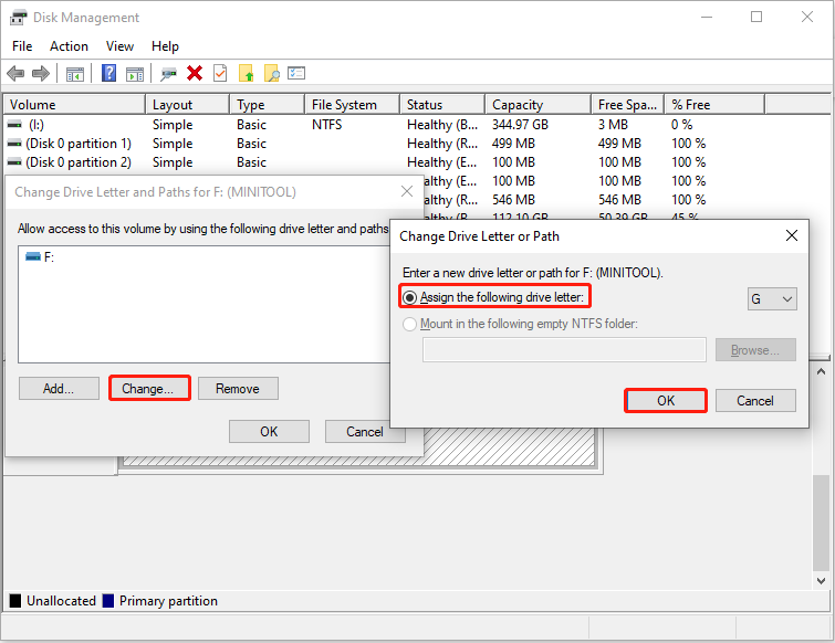 Disk Management interface with the Change button, a new letter selected, showing how to change the drive letter for the card.