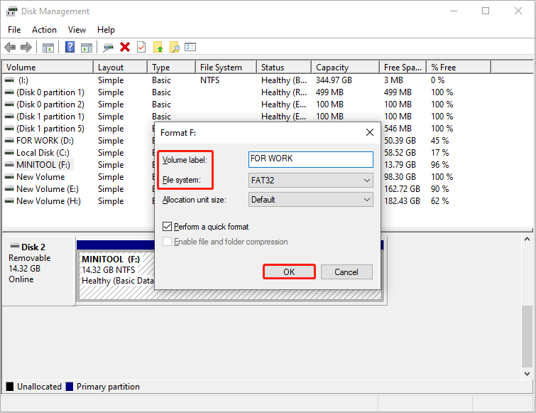 A format box with Volume label and File system selected embedded in the Disk Management interface to format the disk.