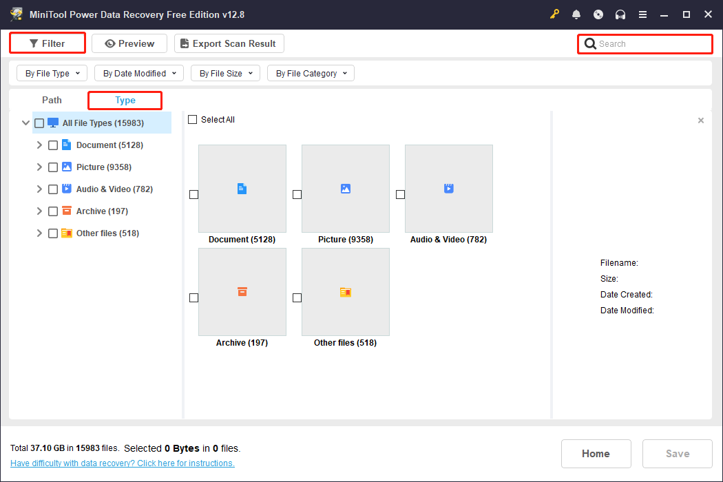 MiniTool Power Data Recovery scan results page with Path, Type, Filter, and Search selected to find the target ones.
