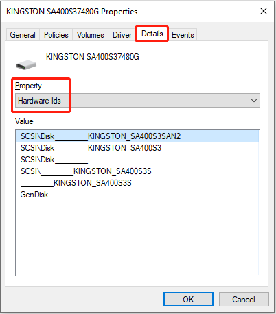 The SSD drive properties showing the Details tab with the Hardware lds property selected.