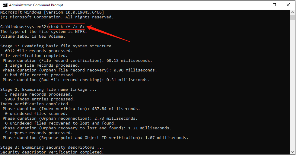 Command Prompt interface showing the operation process of CHKDSK to repair disk errors.