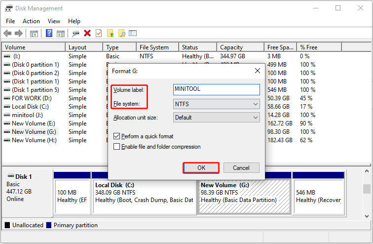 Disk Management interface showing the Format dialog with volume label and file system options.