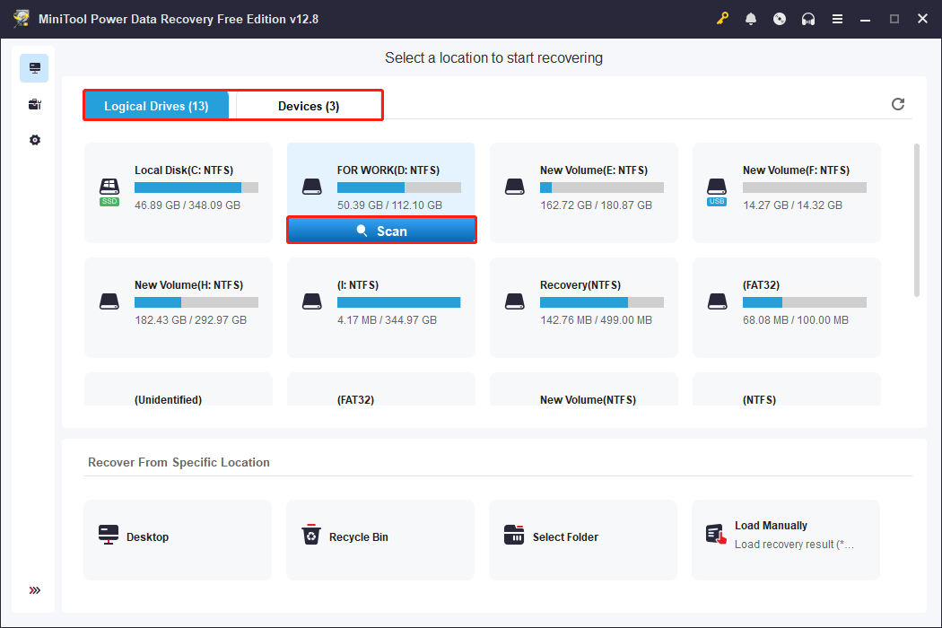 MiniTool Power Data Recovery interface showing all partitions, with a target one selected and the Scan icon highlighted.