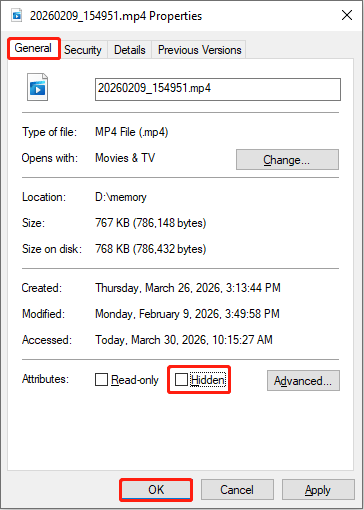 The File Properties window shows the unchecked box for Hidden under the General tab.
