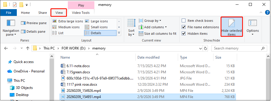 File Explorer interface with the hidden file and the Hide selected items option selected.