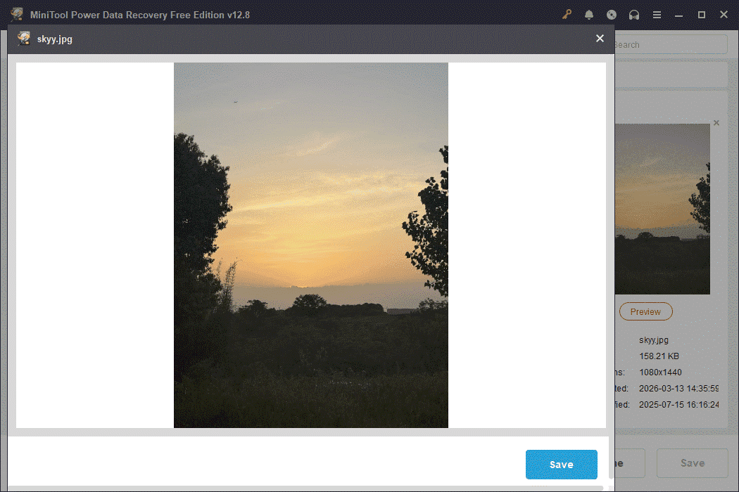 An image showing a sunset sky and trees embedded in the MiniTool Power Data Recovery interface.